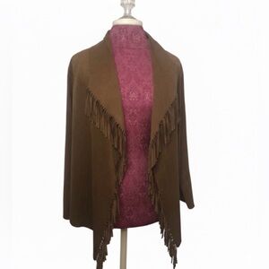 Ruby Rd. Western Faux Suede Open front Fringe Jacket Sweater Top Brown Size 16 P